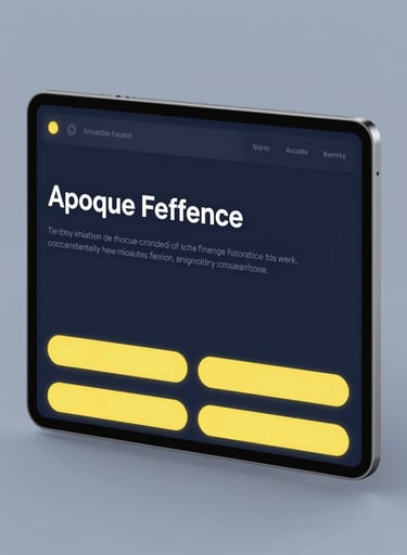 A minimalist and sophisticated user interface displayed on a futuristic tablet. The UI uses a dark blue theme with glowing yellow buttons and typography, showcasing expertise in digital design and forward-thinking professionalism. Soft, diffused studio lighting.