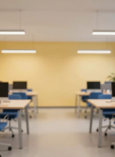 Wide shot of a minimalist, tech-forward co-working space with blue chairs and warm yellow lighting accents.