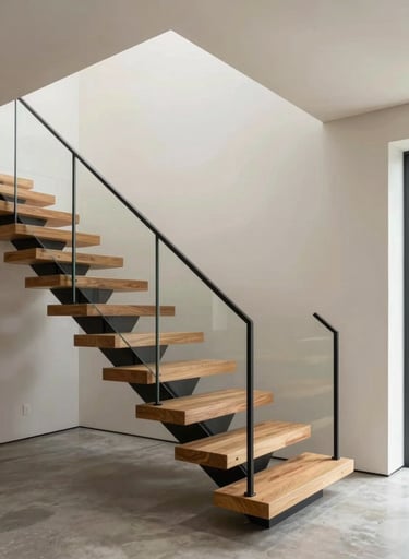 A wide architectural shot of a floating wooden staircase with custom black steel and glass railings. The room is a high-end modern residence with soft off-white walls and polished concrete floors.