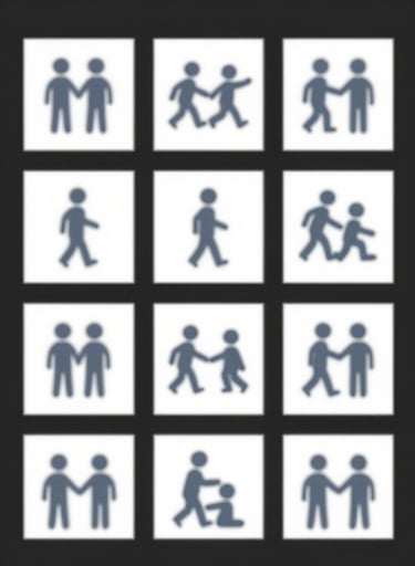 A series of minimalist storyboard sketches on a dark digital canvas, illustrating the movement of a character using clean #d4d4d4 lines and #4A6B8A accents.