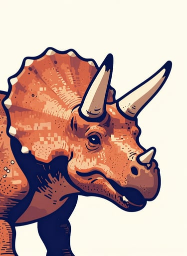 Pop-art style close-up of a Triceratops head. The artwork uses bold #1F3A4B outlines against a #F9F5EF off-white background. The dinosaur's horns are highlighted with #D87D51 terracotta. Minimalist yet energetic composition.