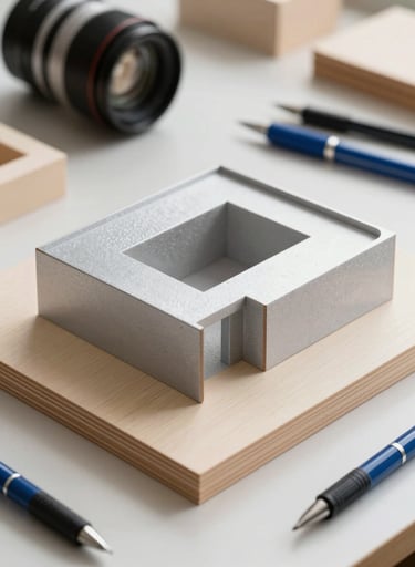 A close-up shot of architectural models made of light-colored wood and silver grey foam board, sitting on a desk in a bright North American / US studio. Professional drawing tools and steel blue pens are scattered neatly around the model.