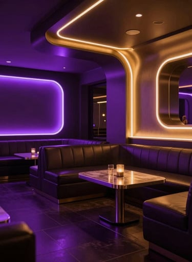 Cinematic wide photography of a sophisticated dark-mode nightclub lounge, glowing neon lines of deep purple and warm gold outlining the luxury seating, Latin American / Global style.