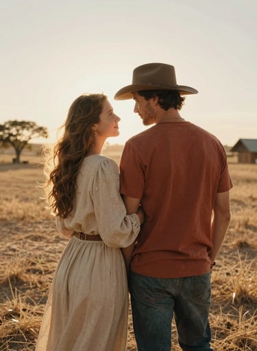 A candid shot of a couple in a Western / Global rural setting, backlit by the warm sun. The environment is sun-drenched, with a hazy, cinematic quality. They wear Soft Sand and Terracotta tones. The mood is intimate and authentic.
