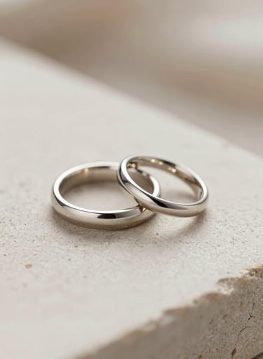 Minimalist close-up of wedding rings resting on a clean, light stone surface (#E0DCD9), sharp focus, soft lighting, airy composition, reflecting a timeless and elegant brand mood.