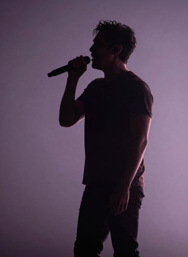 A silhouette of a male lead singer on stage, captured in a powerful vocal moment. Muted plum and dark charcoal stage lighting creates an atmospheric backdrop with soft lavender gray haze, reflecting an authoritative and artistic stage presence.