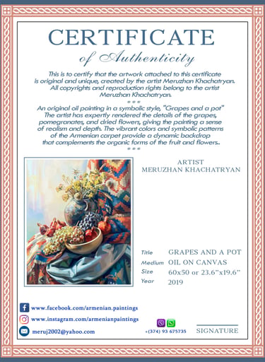 Official signed Certificate of Authenticity for original oil paintings by Armenian artist Meruzhan