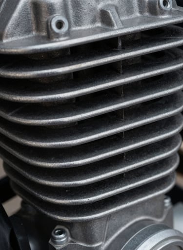 A macro photograph of a motorcycle's engine cooling fins. The composition is tight and abstract, showcasing textures of cool grey metal and dark charcoal shadows. A minimalist, professional shot highlighting mechanical engineering in a Global / Western workshop style.