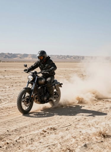 An action photograph of a custom motorcycle rider traversing a sun-bleached dry lake bed, kicking up a dramatic trail of off-white dust. The lighting is harsh and high-contrast, featuring a vast Global / Western desert horizon.