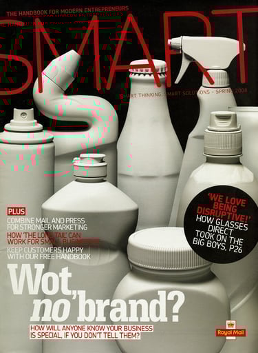 magazine cover with white products on a black background
