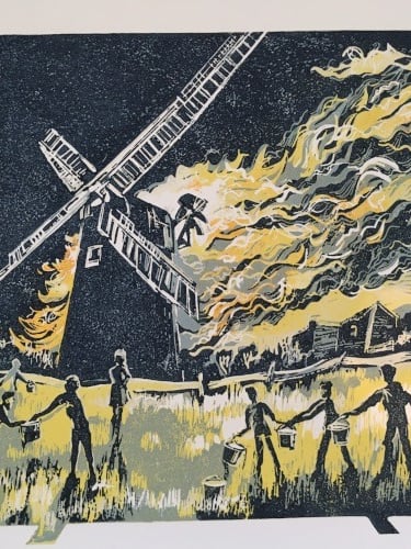 Linocut: Bucket brigade