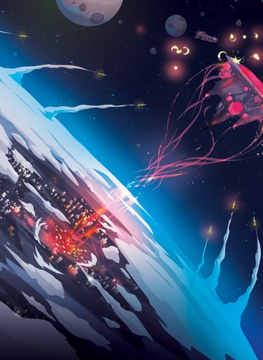 Concept art for the game Stars of Akarios: Giant alien mothership firing at the surface of a planet