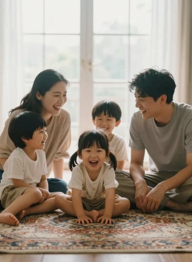 A family laughing together on a vintage rug, soft textures, natural window light, cinematic lifestyle composition.