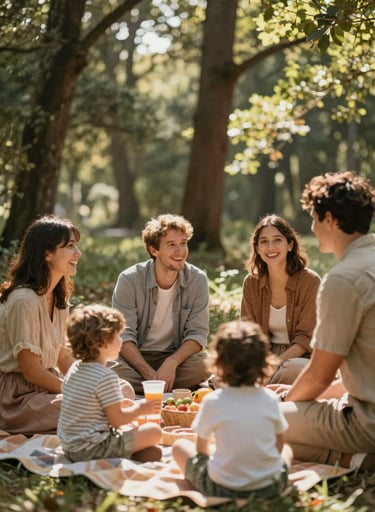 A family picnic scene in a forest clearing. The light filters through the trees, creating a dappled effect. People are captured in mid-conversation, emphasizing real interactions and spontaneous joy. Palette includes #AD7B5B.