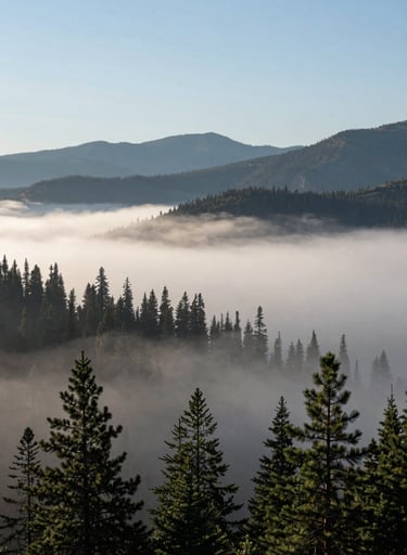 An expansive North American mountain landscape at dawn, mist rolling through pine trees, high dynamic range photography, soft blues and pale grays, inspiring and cinematic composition.