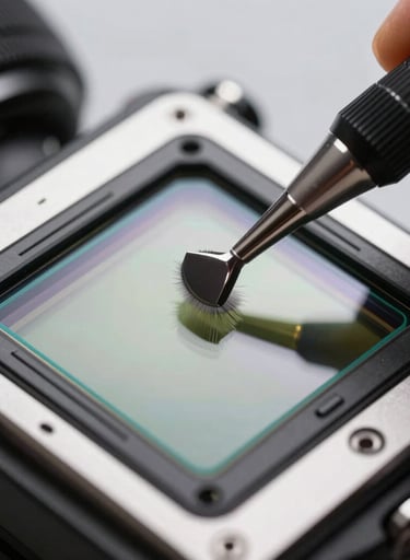 A macro shot of a camera sensor being cleaned with specialized tools, reflecting light silver and charcoal gray tones, clinical and precise composition.