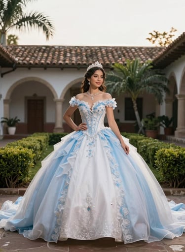A beautiful quinceañera in a flowing gown posing in a lush South American / Colombian colonial courtyard, soft morning light, soft white and sky blue accents.