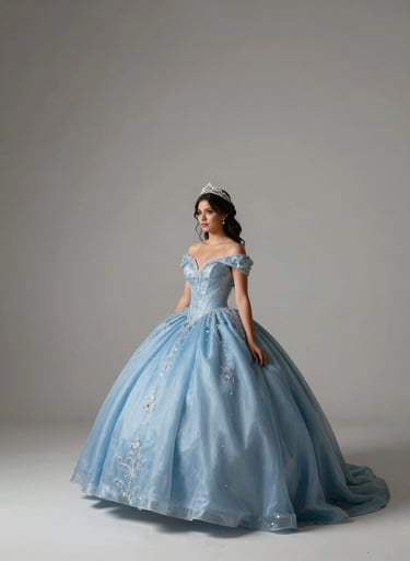 A wide photography shot of a quinceañera celebration in a South American / Colombian venue. The composition is minimalist, focusing on the movement of the gown with soft sky blue and deep charcoal accents in the lighting.