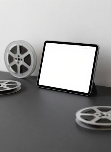 A creative workspace featuring a digital tablet and vintage film reels. Minimalist and elegant composition with #F8F8F8 accents and #0A0A0A deep backgrounds.