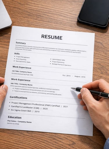 Professional resume on a wooden desk with a pen, laptop, and glasses for job application preparation.