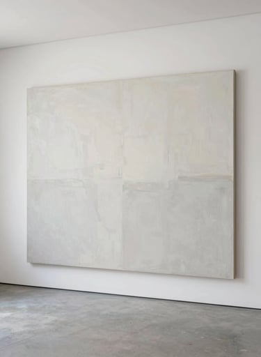 A large-scale contemporary painting with a minimalist composition, primarily in #F9F7F0 and subtle washes of #5F5B54, hanging in a bright, spacious room with polished concrete floors.
