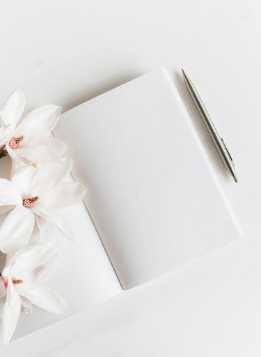 White lotus flowers and open faith-based journal ready for prayer, reflection, and soul-led writing