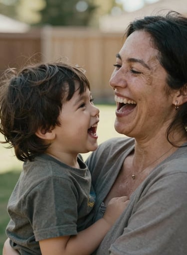 Close-up candid shot of a mother laughing with her child in a North American / General Western backyard. Soft sun-drenched lighting, authentic joy, charcoal shadows for depth, and warm earthy tones throughout.
