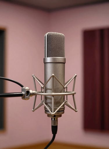 Close-up of a vintage-style condenser microphone in a high-end North American / US recording studio. The room is decorated with soft pink acoustic panels and dark plum wood accents. The lighting is soft, moody, and cinematic.