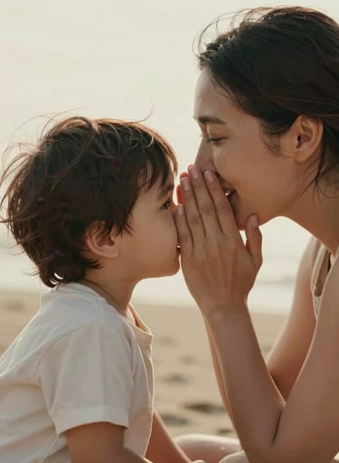 Candid authentic emotion showing a mother whispering to her toddler, soft sand backlighting, cinematic depth of field, warm and inviting photography style.