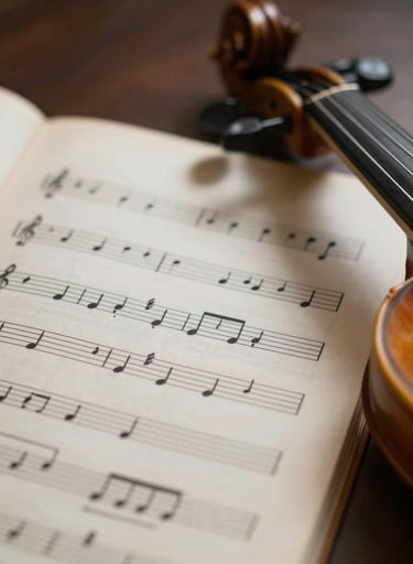 An artistic and elegant shot of sheet music with subtle #386F6F ink accents. A soft shadow of a violin neck falls across the page. The lighting is atmospheric and emotional, reflecting Lyan's sophisticated musical style.