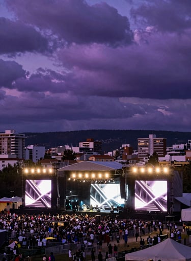 Wide cinematic shot of a massive outdoor music festival in a Spanish / Latin American city. Dramatic twilight sky with electric violet clouds. The stage is sleek and modern, glowing with soft platinum lights against an obsidian night.