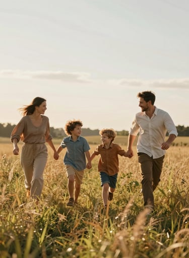 A wide cinematic shot of a family of four running through a sun-drenched field of tall grass, warm golden light, candid laughter, authentic interaction, #F7F2EB and #C06C4C color palette.