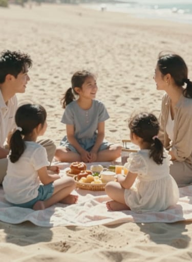 Cinematic shot of a family picnic on a Soft Sand (#F7F2EB) colored blanket, sun-drenched environment, authentic interaction and candid smiles.