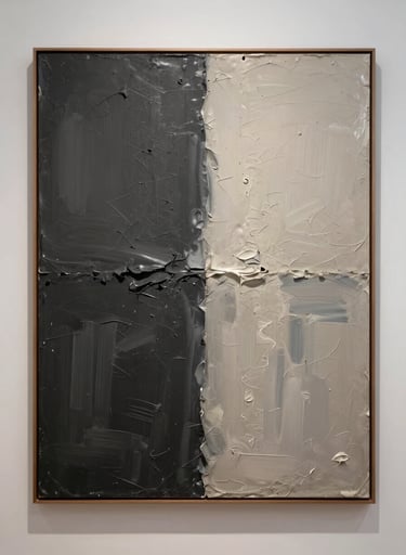 A sophisticated photograph of a visual art piece dominated by deep charcoal and soft off-white tones. The work features heavy textures and accumulations of pigment, presented in a minimalist gallery setting in Buenos Aires. The mood is one of enigmatic beauty and thoughtful South American / Argentine expression.