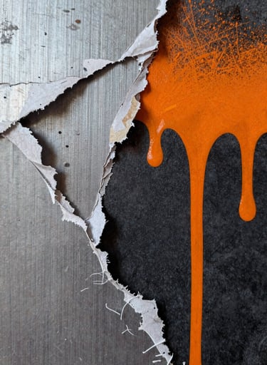 A close-up photograph of a layered collage work showing torn paper edges, weathered textures like brushed metal, and thick safety orange spray paint drips over a charcoal background. Photographed in an International / Urban Art Scene studio under bright, natural light.