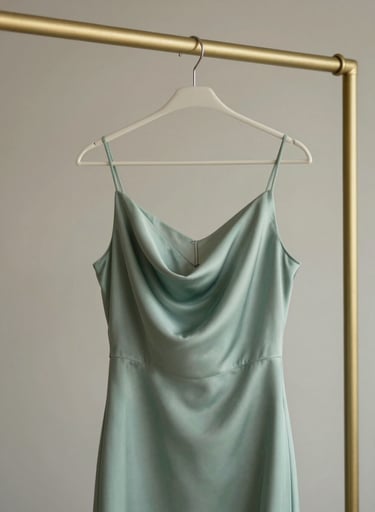Close-up photography of a silk soft sage green dress hanging on a minimalist muted gold rack, soft natural lighting, elegant feminine mood, North American / Western European luxury boutique setting.