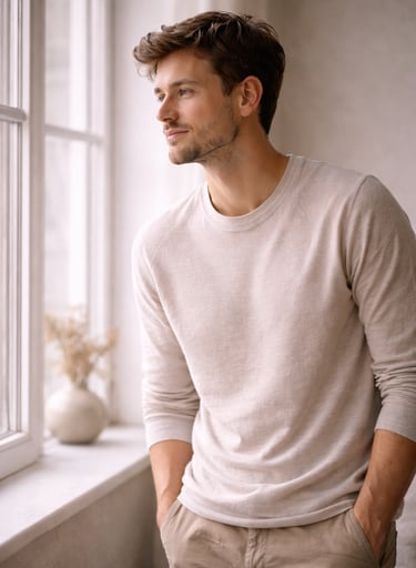 A handsome man in a beige crew neck sweater looking out a bright window.