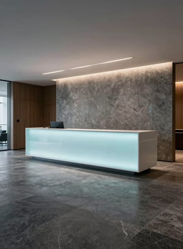 Sophisticated photography of a high-end Brazilian office lobby, featuring dark gray stone floors and a minimalist reception desk, with soft baby blue LED lighting under the counter, elegant and professional atmosphere.