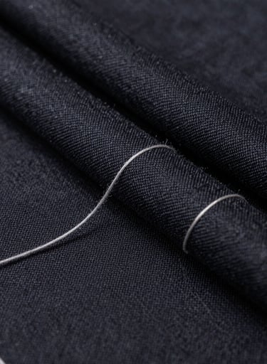 A detail-focused photography shot of high-quality dark fabric textures interlaced with light grey threads. The lighting is dramatic and focused, highlighting the professional craftsmanship of the materials.