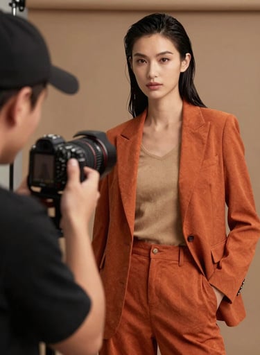 A dynamic photography shot of a professional advertising campaign being photographed, featuring a model in a North American setting with bold reddish orange and tan styling. The mood is confident and professional.