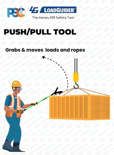 Hands-free lifting safety website design for PSC LoadGuider push pull stick with blue footer and cle