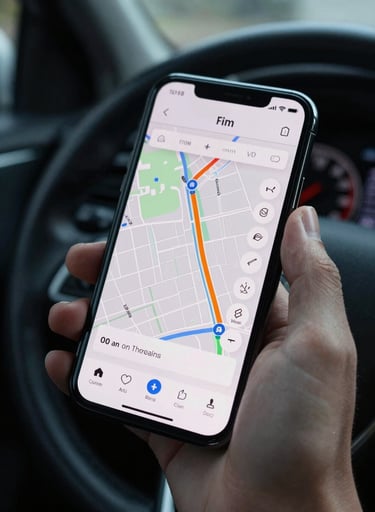 Close-up of a hand holding a phone showing a map routing interface with minimal UI, soft north-facing ambient light, dark car interior visible in background, precise framing