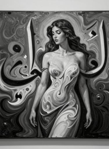 Detailed photography of a modern oil painting featuring the fluid fusion of a female figure and abstract Arabic letters. High contrast black and white palette, professional museum lighting, Middle Eastern cultural aesthetic.