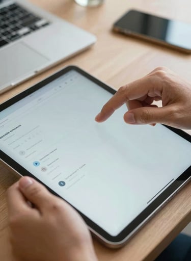 A close-up photograph of a professional's hands working on a sleek tablet in a Southeast Asian / Indonesian office setting. The tablet displays a clean, professional dashboard with slate blue and pale mist interface elements.