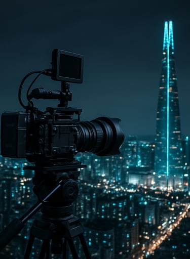 Medium shot of a high-tech camera rig on a tripod overlooking a futuristic Seoul skyline, deep charcoal sky, electric cyan city lights, East Asian / Korean urban.