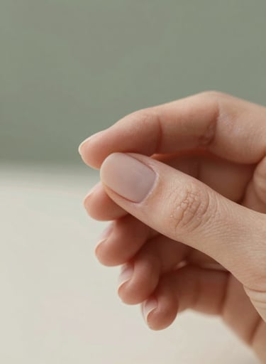 Macro shot detail of hands with elegant styling, suggesting the work of a nail designer. Minimalist composition with a focus on texture and soft lighting. Background in muted olive green #6B705C and neutral #FDFBF7 tones.