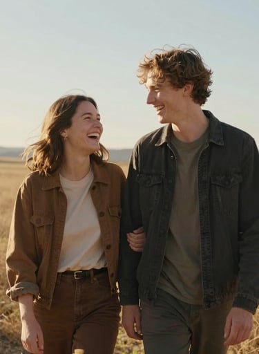 Candid cinematic portrait of a young couple laughing in a North American / US meadow. Golden sun-drenched light, soft sand tones, wearing brown and charcoal clothing.