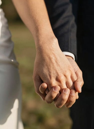 Macro shot of two people holding hands during a wedding ceremony, the skin tones glowing in the warm North American / US afternoon sun. Shallow depth of field focusing on the connection between fingers.