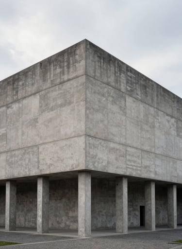 A large full-width architectural photograph of a brutalist concrete structure in Berlin under a soft, overcast sky. Muted tones of gray and off-white. The composition is balanced and minimalist, emphasizing scale and silence. North American / Western European context.