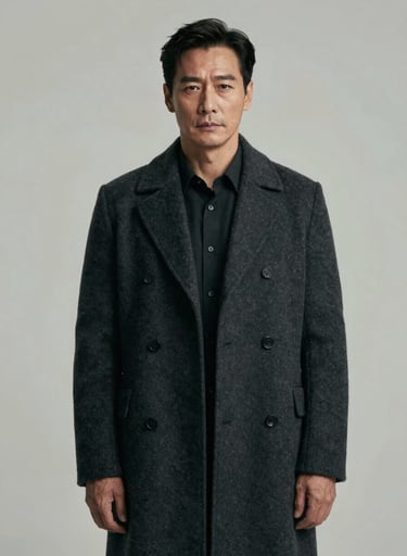 An elegant, full-frame cinematic portrait of the actor in a dark wool overcoat (#333333). Moody, overcast lighting reminiscent of a film set. Neutral, minimalist environment using tones of #F5F5F5 and #A8A8A8. Visual impact is sophisticated and strong.